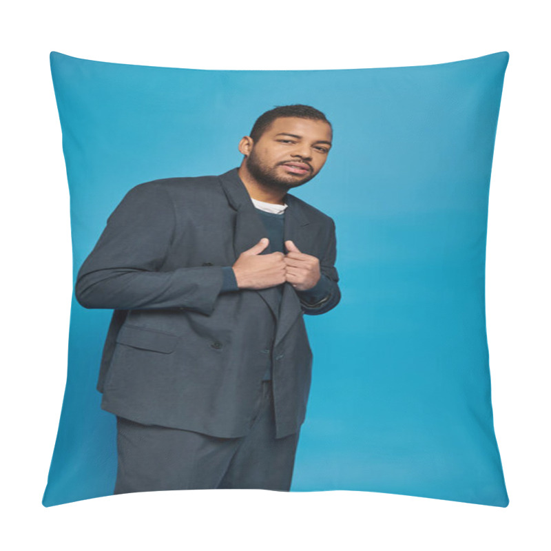 Personality  Attractive African American Man In Dark Blue Outfit Posing To Sideways Against Vibrant Background Pillow Covers