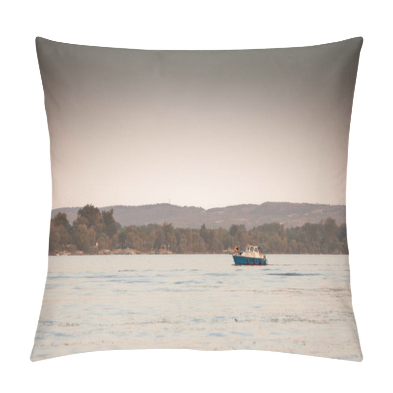 Personality  BELGRADE, SERBIA - OCTOBER 12, 2024: A Small Pleasure Boat Cruises Along The Danube Near Belgrade, Serbia, In The Warm Light Of Late Afternoon. The Calm River & Tree Line Reflect A Serene Setting. Pillow Covers