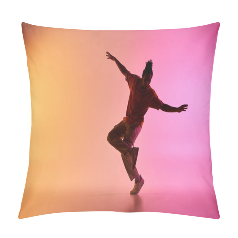 Personality  A Young African American Male Dancer Executes A Move In A Vibrant Studio Setting With A Colorful Gradient Background. Pillow Covers