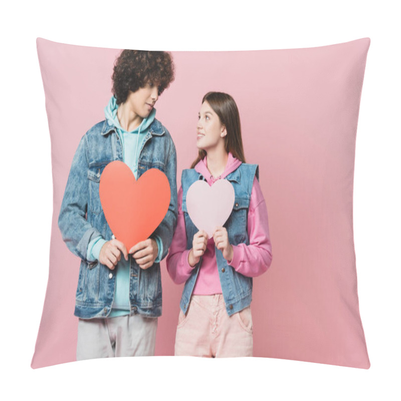 Personality  Teen Couple Holding Paper Hearts Isolated On Pink Pillow Covers