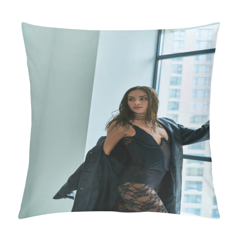 Personality  Passionate Woman With Brunette Hair Posing In Leather Coat And Black Lace Underwear Near Window Pillow Covers