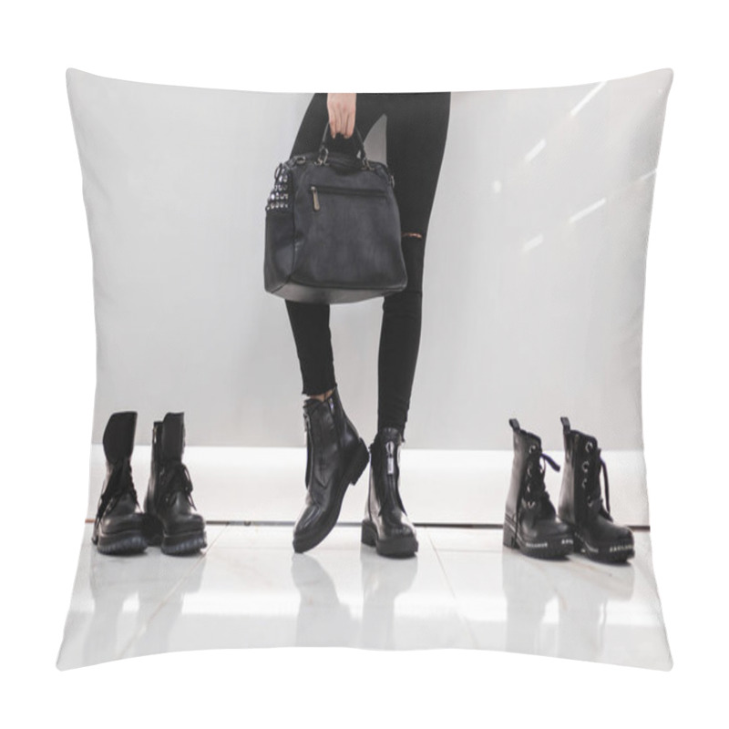 Personality  Trendy New Collection Of Seasonal Women's Shoes And Bags. Close-up Of Female Legs In Stylish Black Jeans In Boots With A Leather Vintage Bag In A Bright Room. Girl Chooses Fashionable Footwear. Pillow Covers