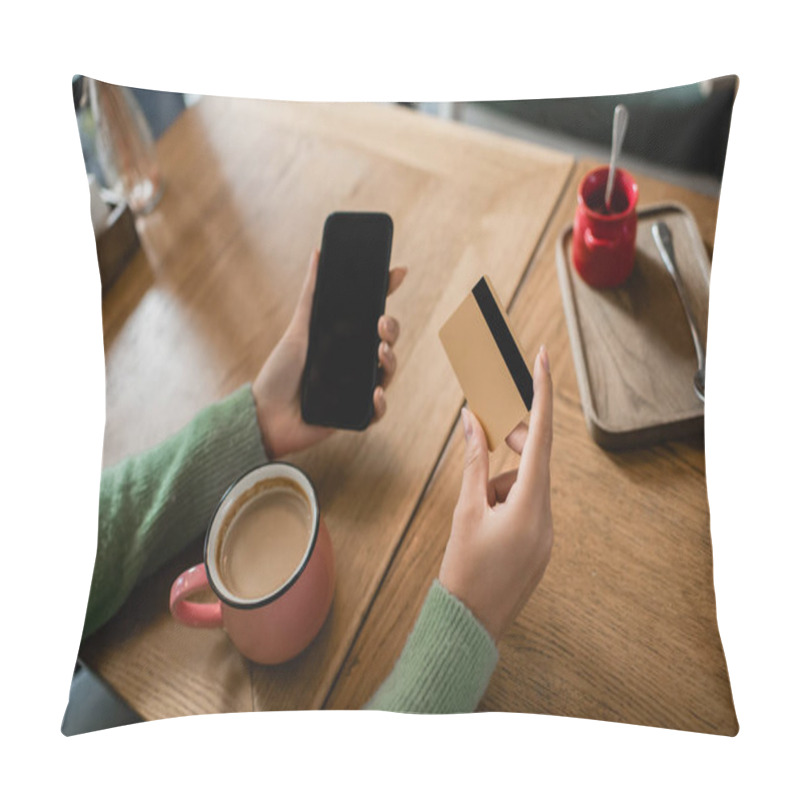 Personality  Cropped View Of African American Woman Holding Credit Card Near Smartphone With Blank Screen And Cup On Table Pillow Covers