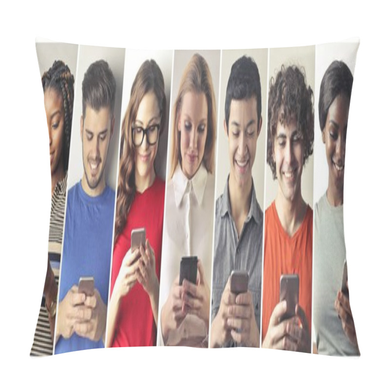 Personality  Seven Young Men And Women Using Smartphones Pillow Covers