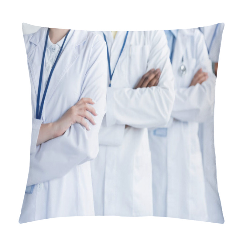 Personality  Cropped View Of Multicultural Doctors In White Coats Standing With Crossed Arms Pillow Covers