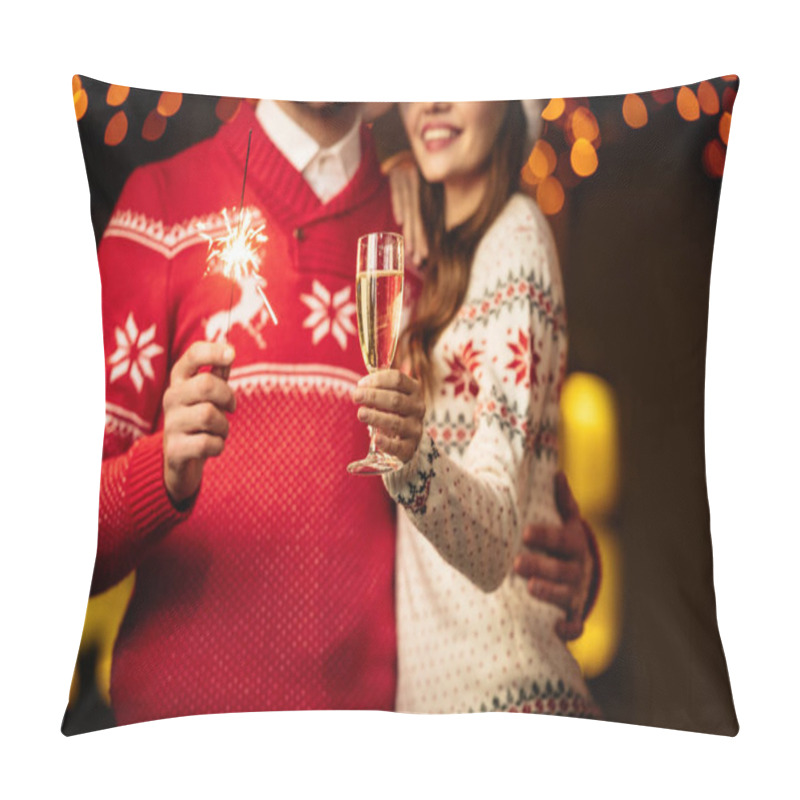 Personality  Cropped View Of Young Couple In Warm Sweaters Holding Sparkler And Champagne Glass Pillow Covers