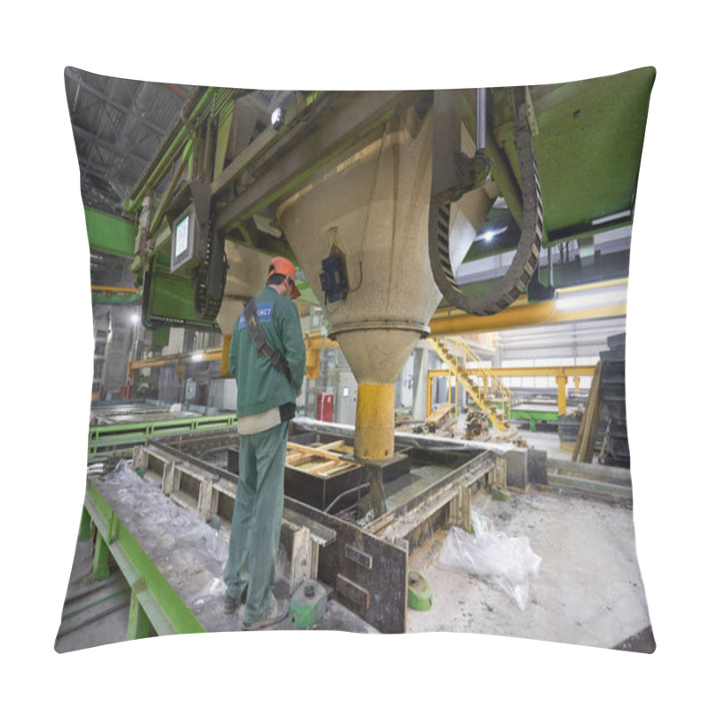 Personality  Nizhny Novgorod, Russia - October 30 2019. Plant KM PRECAST. Workers In The Workshop Of The House-building Plant. Industrial Interior. Concrete Plant. Pillow Covers