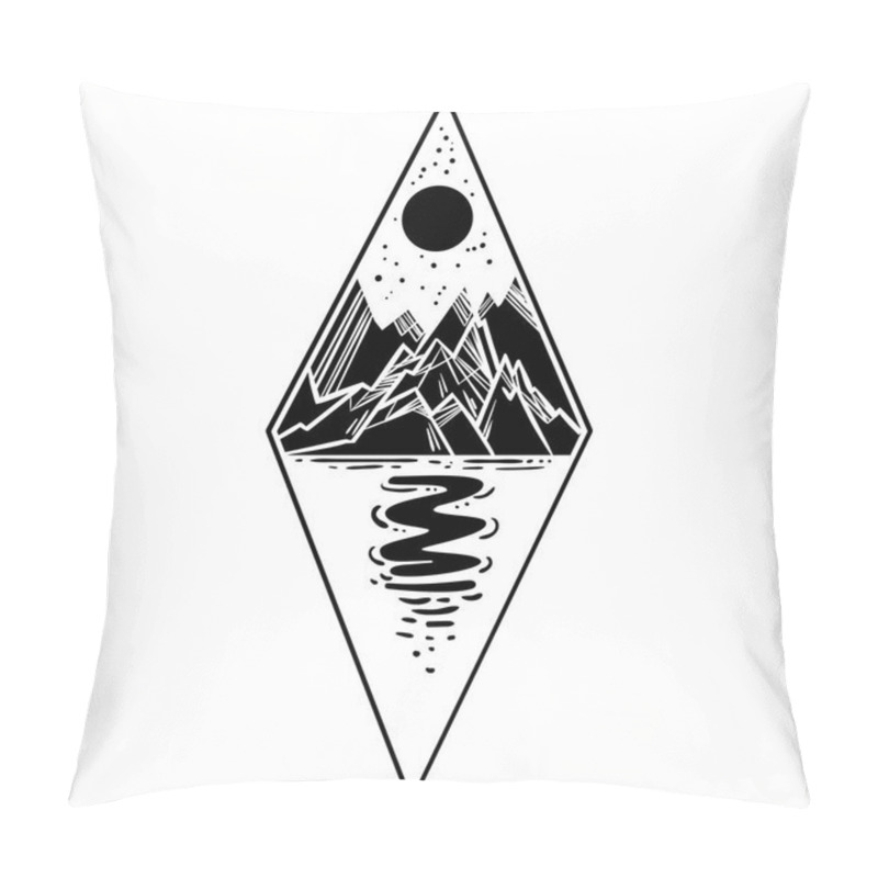 Personality  Beautiful Vector Illustration With Nature Landscape - Mountains,  Moon And River. Tattoo Art. Infinite Space, Meditation Symbols, Travel, Tourism. Pillow Covers