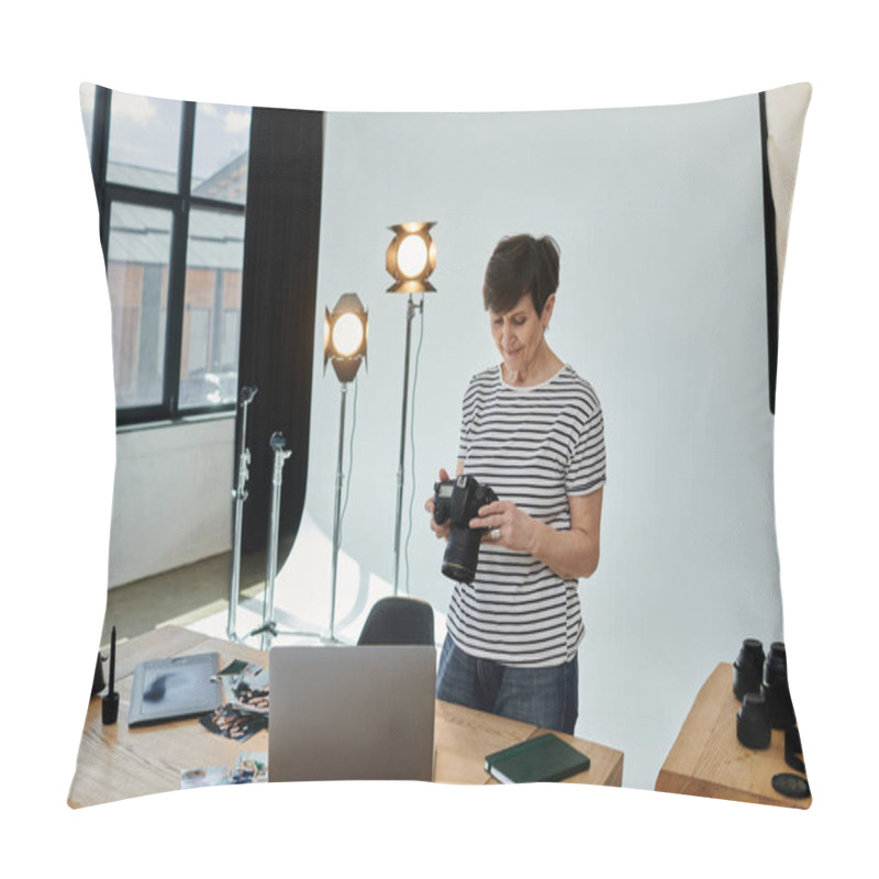 Personality  A Woman Skillfully Holds A Camera In Front Of A Laptop Screen, Capturing Digital Content For Creative Purposes. Pillow Covers