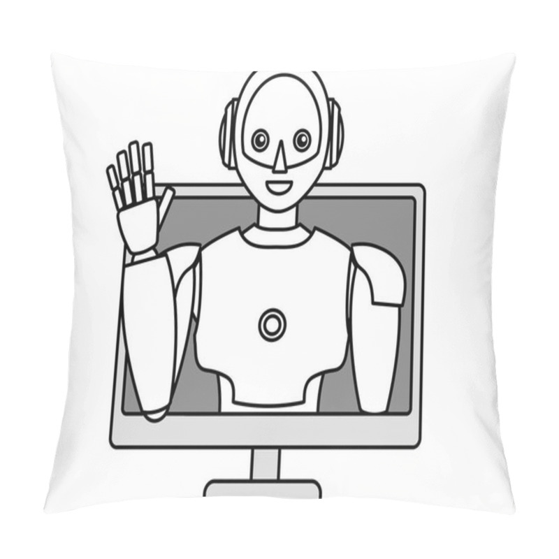 Personality  Illustration Of A Simple Android Robot Popping Out Of A PC (monochrome) Pillow Covers