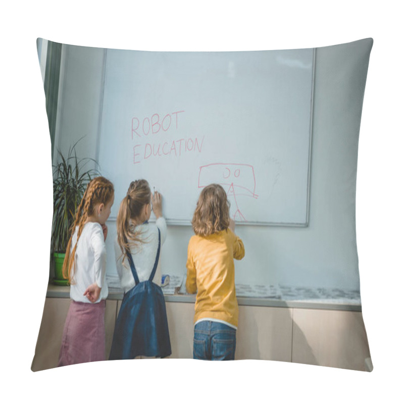 Personality  Rear View Of Children Writing And Drawing Robot Education Signs On Whiteboard Pillow Covers