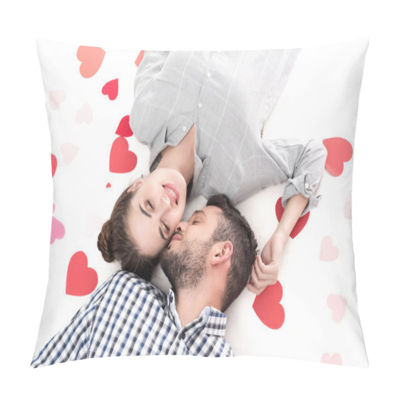 Personality  Overhead View Of Couple Lying With Paper Hearts Isolated On White, Valentines Day Concept Pillow Covers