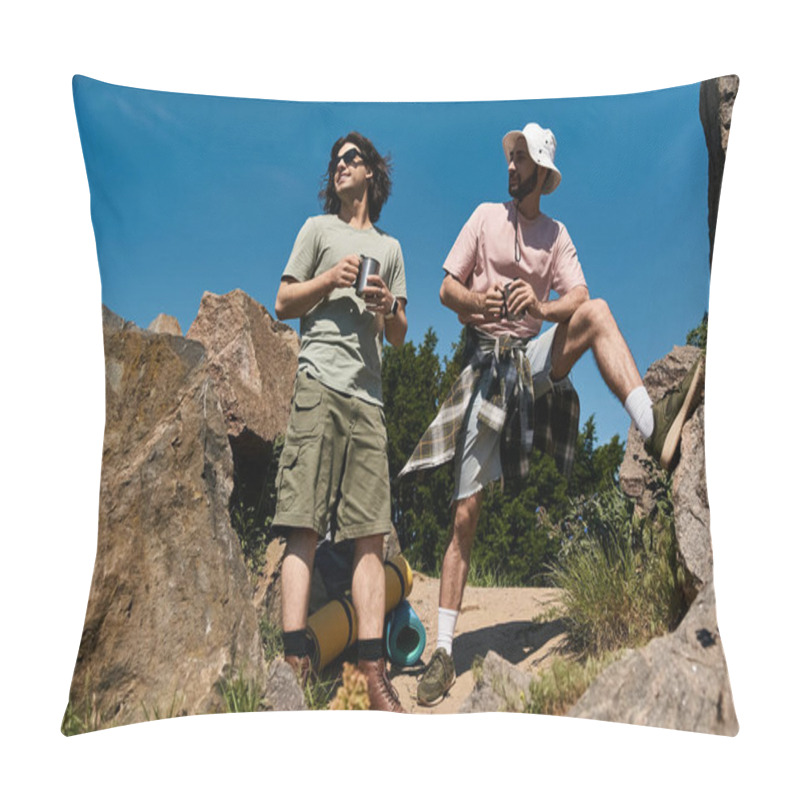 Personality  Two Young Men, Dressed In Casual Summer Attire, Stand Together On A Rocky Hiking Trail, Enjoying The View. Pillow Covers