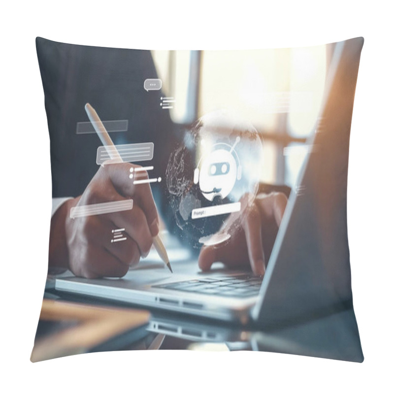 Personality  Human Interact With AI Artificial Intelligence Virtual Assistant Chatbot In Concept Of AI Artificial Intelligence Prompt Engineering, LLM AI Deep Learning To Use Generative AI For Work Support. EIDE Pillow Covers