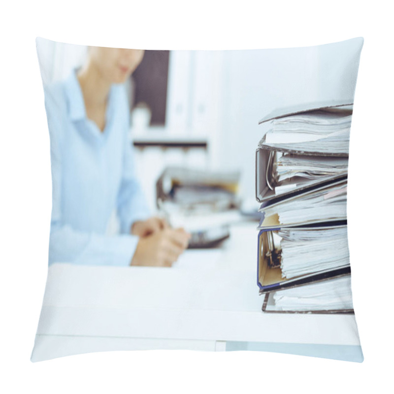 Personality  Binders With Papers Are Waiting To Be Processed By Business Woman Or Bookkeeper Back In Blur. Internal Audit And Tax Concept Pillow Covers