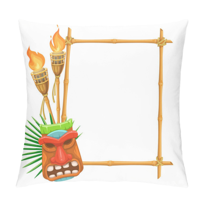 Personality  Vector Bamboo Signboard With Tiki Tribal Wooden Mask And Torch. Illustration For Design Hawaiian Party. Pillow Covers