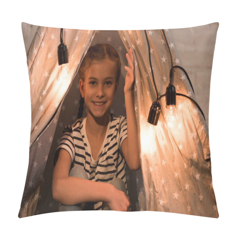 Personality  Blissful Kid In Striped T-shirt Sitting In Wigwam With Hand Up Pillow Covers