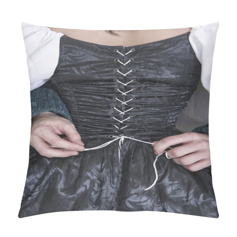 Personality  Man Hands Untying Corset Of Woman In Medieval Dress Pillow Covers