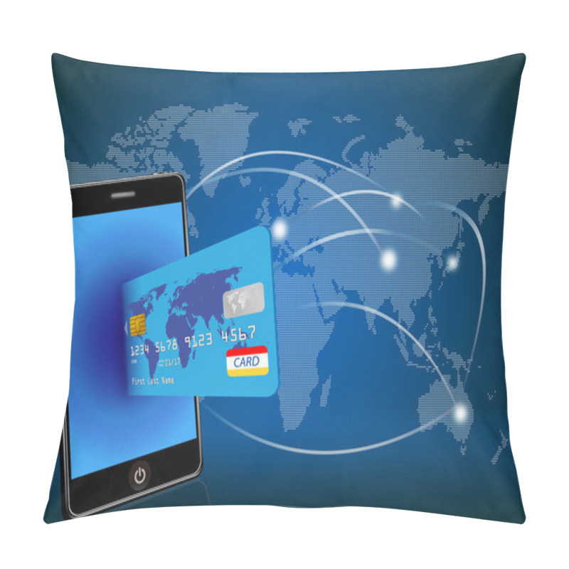 Personality  Vector Smart Phone With Credit Card On Global Network Background Pillow Covers