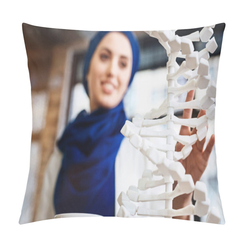 Personality  Selective Focus Of DNA Model In Hands Of Muslim Student Pillow Covers