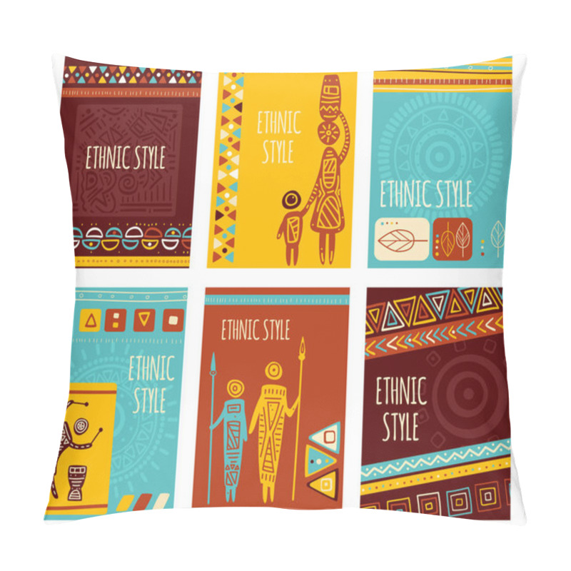 Personality  Set Of Ethnic Banner, Background, Flyer, Placard With Tribal Ornaments. Vertical Poster, Template Card, Sticker With Geometric Patterns And Silhouettes Of Hunter, Womens With Jug Pillow Covers