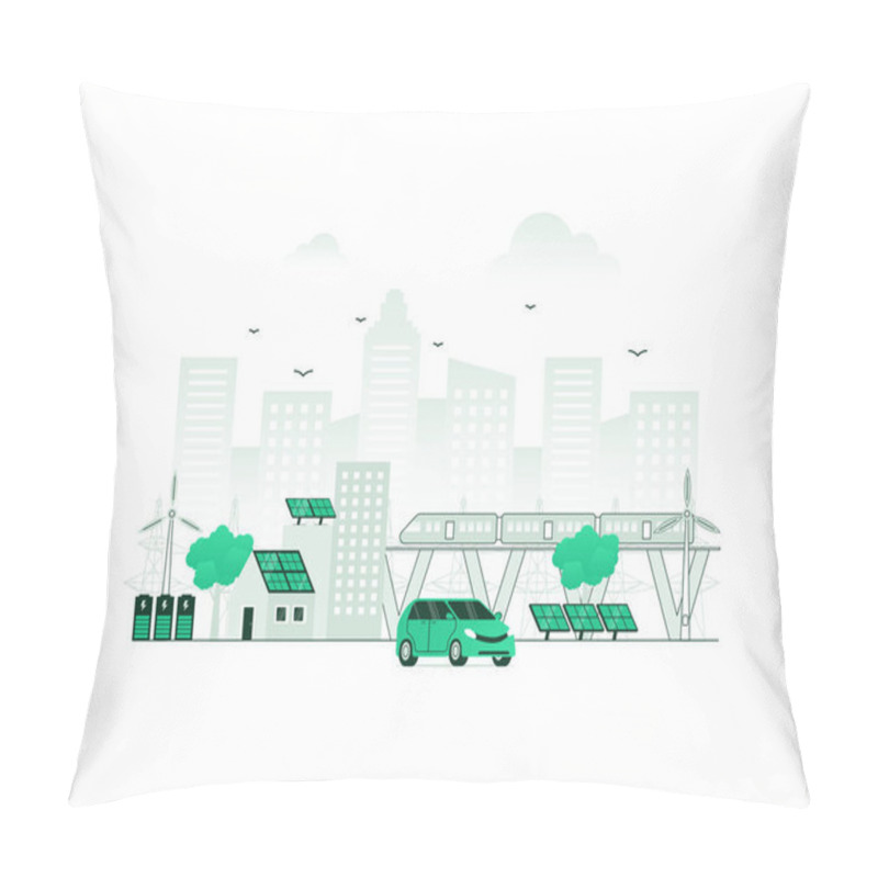 Personality  Sustainable City Power With Green Infrastructure Planning. Alternative Electricity From CO2-free Wind Turbines. Vector Illustration Of Ecological Urban Organization With Minimalist Color.  Pillow Covers