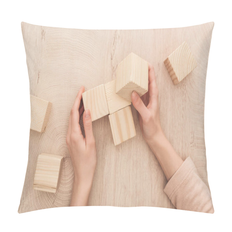 Personality  Partial View Of Female Hands Near Blank Wooden Cubes Pillow Covers