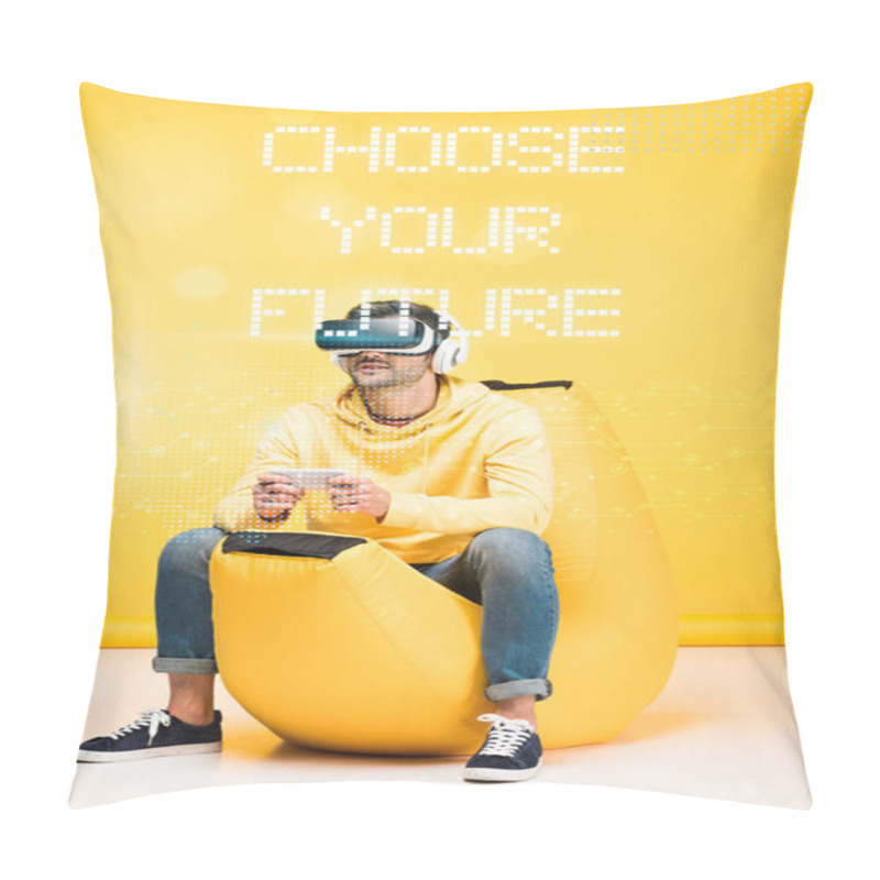 Personality  Man On Bean Bag Chair In Virtual Reality Headset On Yellow With Choose Your Future Illustration Pillow Covers