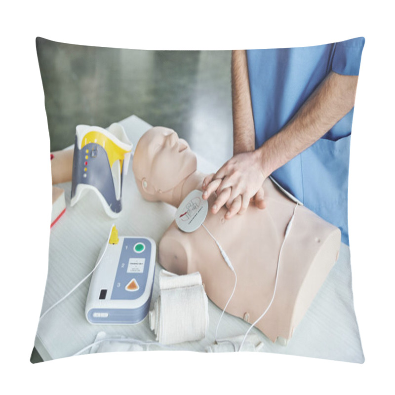 Personality  Cropped View Of Paramedic Doing Chest Compressions On CPR Manikin Near Defibrillator, Compressive Bandages And Wound Care Simulators, Emergency Situations Response Concept Pillow Covers