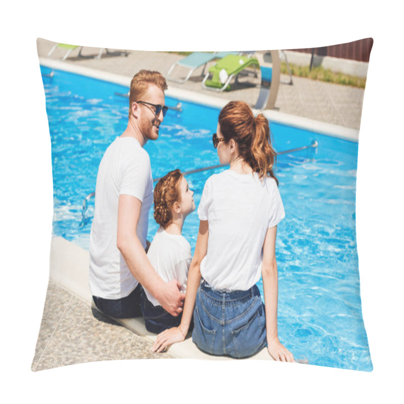 Personality  Happy Young Family In White T-shirts And Sunglasses Sitting On Poolside Together Pillow Covers