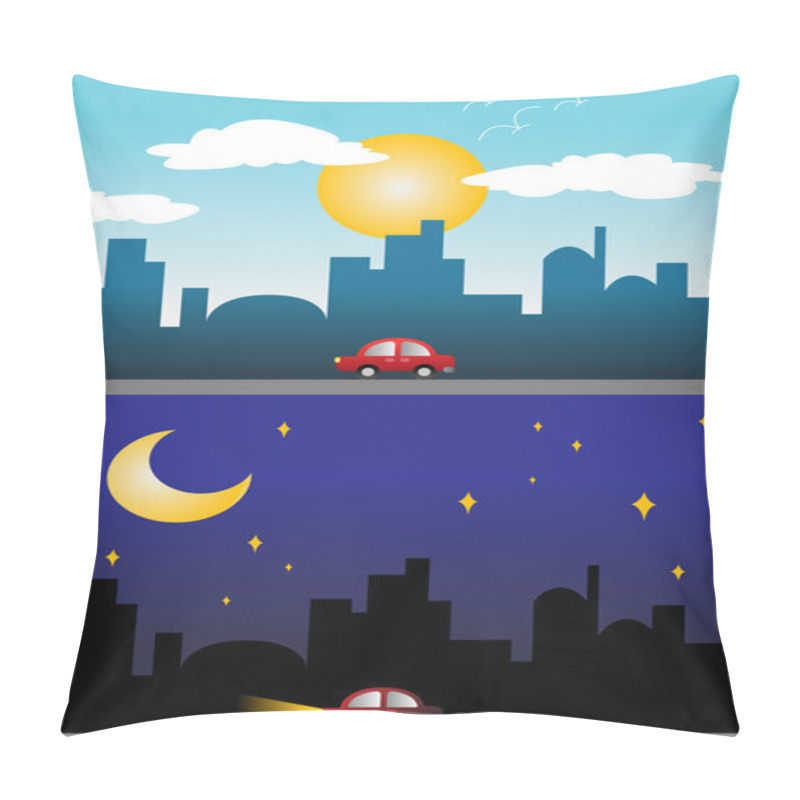 Personality  Day And Night View Of A Modern City Pillow Covers