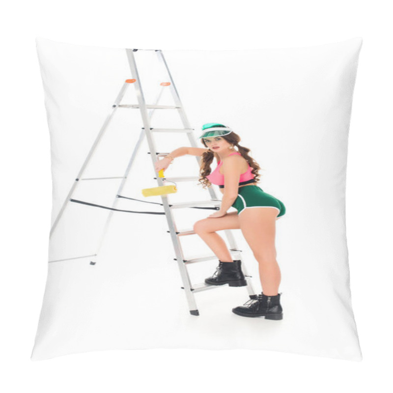 Personality  Beautiful Girl In Visor Holding Painting Roller Near Ladder, Isolated On White Pillow Covers