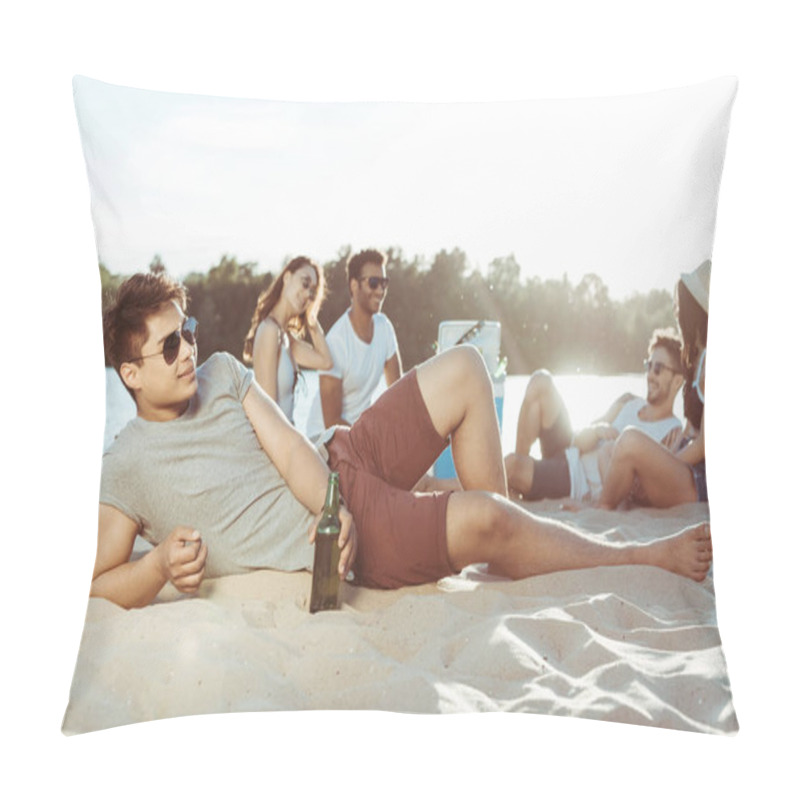 Personality  Young Man Lying On Sandy Beach Pillow Covers