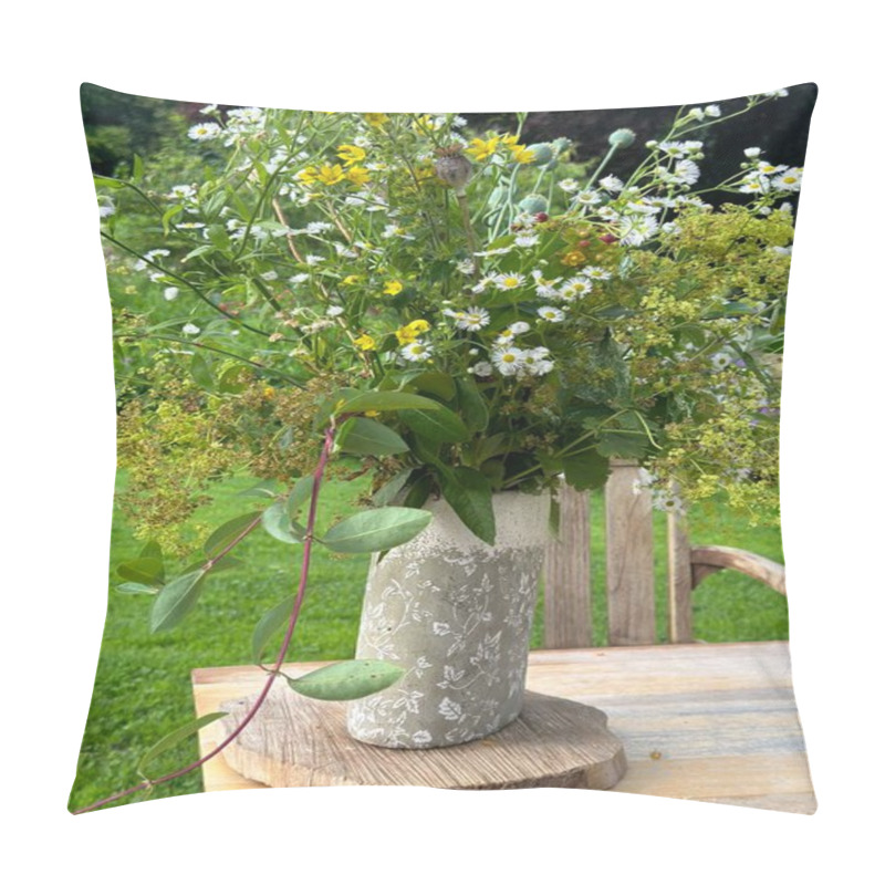 Personality  A Bouquet Of Wildflowers In A Decorative Vase. The Arrangement Includes Poppy Seed Pods, Daisies, And Greenery, Placed On A Rustic Wooden Table In A Garden Setting. 'Jardin Du Rossignol', France Pillow Covers