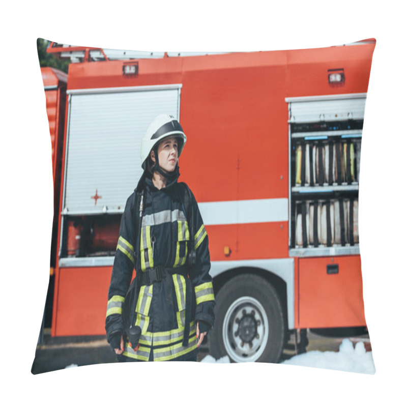 Personality  Female Firefighter In Protective Uniform Standing On Street With Red Fire Truck Behind Pillow Covers