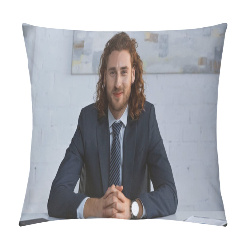 Personality  Young Businessman In Suit Smiling At Camera While Sitting At Workplace Pillow Covers