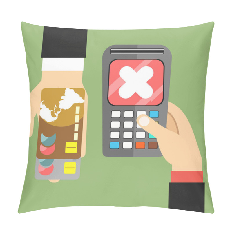 Personality  Declined Payment Via Payment Processing System. Hand With Credit Cards, Hand Holds POS Terminal. Pillow Covers