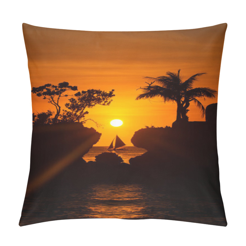 Personality  Sailboat At Beautiful Sunset Above The Tropical Sea. Silhouette  Pillow Covers