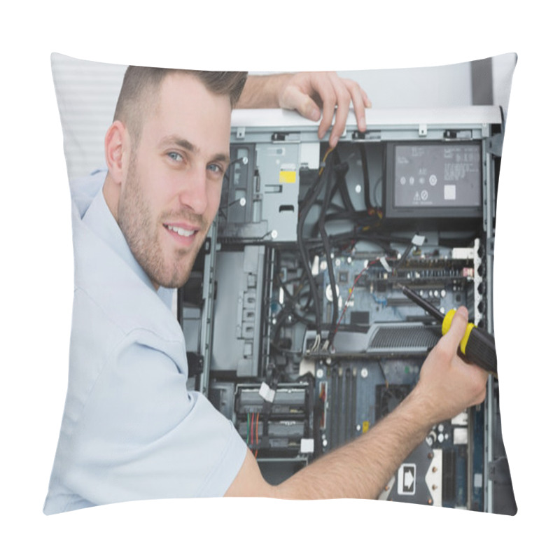 Personality  Portrait Of Computer Engineer Working On Cpu Pillow Covers