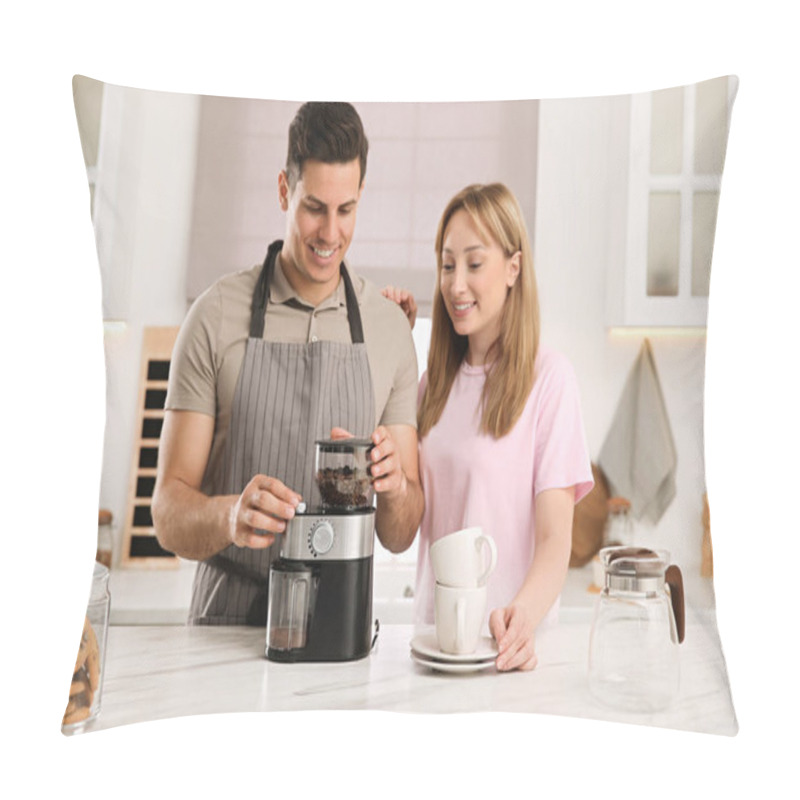 Personality  Lovely Couple Together In Kitchen, Man Using Electric Coffee Grinder Pillow Covers