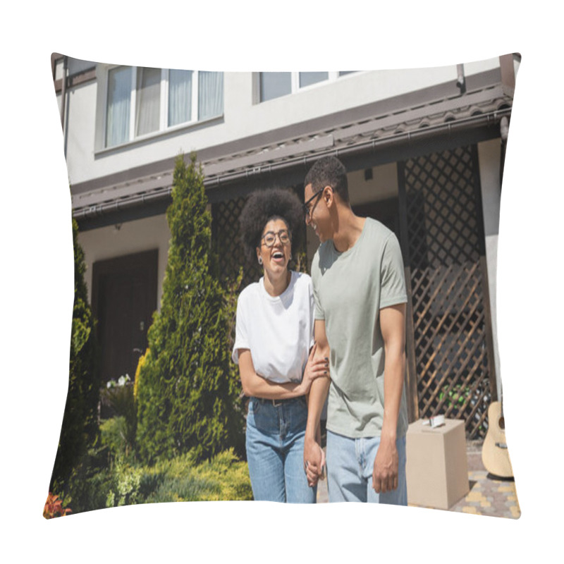 Personality  Excited African American Woman Standing Near Boyfriend And New House On Background Outdoors Pillow Covers