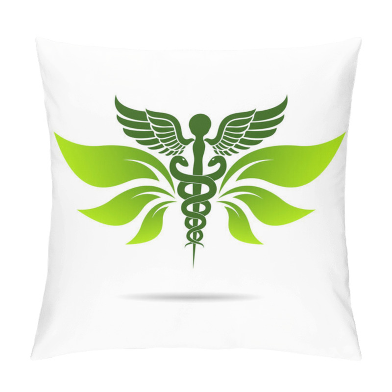 Personality  Aesculapius Vector Abstract Illustration Created Using Snakes And Green Leaves, Caduceus Symbol. Healthy Lifestyle Is Strong Heart Pillow Covers