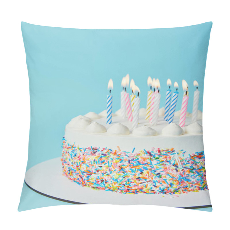 Personality  Birthday Cake With Lighting Candles On Blue Background Pillow Covers