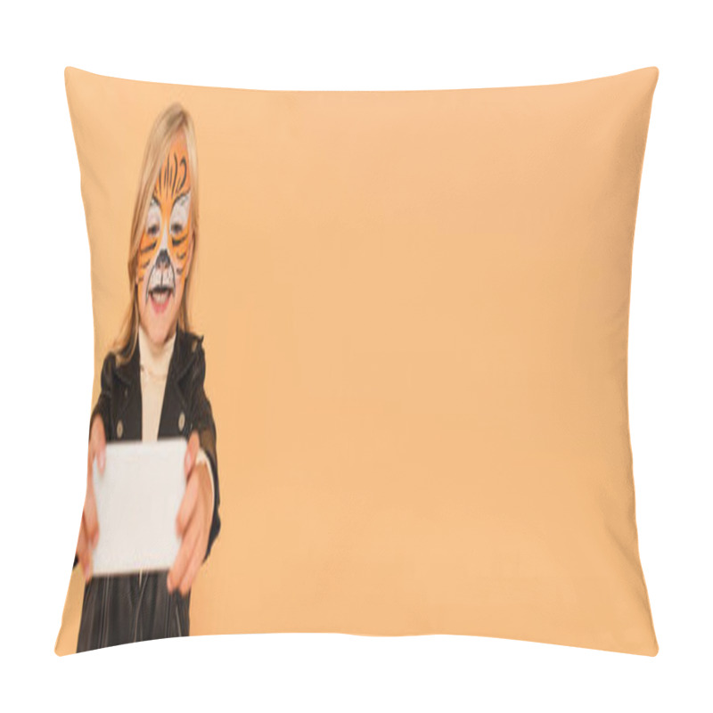 Personality  Happy Girl In Tiger Makeup And Black Leather Jacket Taking Selfie Isolated On Beige, Banner Pillow Covers