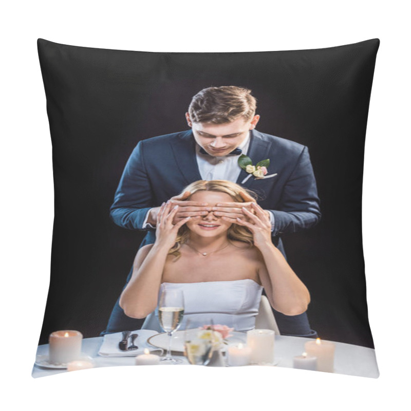 Personality  Young Groom Standing Behind Sitting Bride And Closing Her Eyes With Hands Isolated On Black Pillow Covers