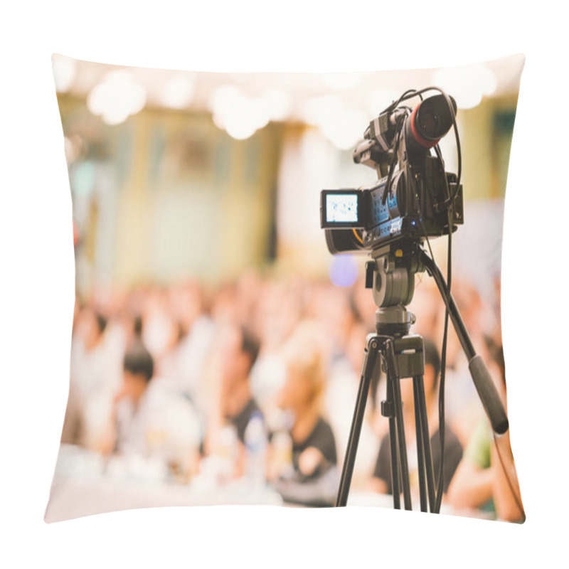 Personality  Video Camera Set Record Audience In Conference Hall Seminar Event. Company Meeting, Exhibition Convention Center, Corporate Announcement, Public Speaker, Journalism Industry, Or News Reporter Concept Pillow Covers