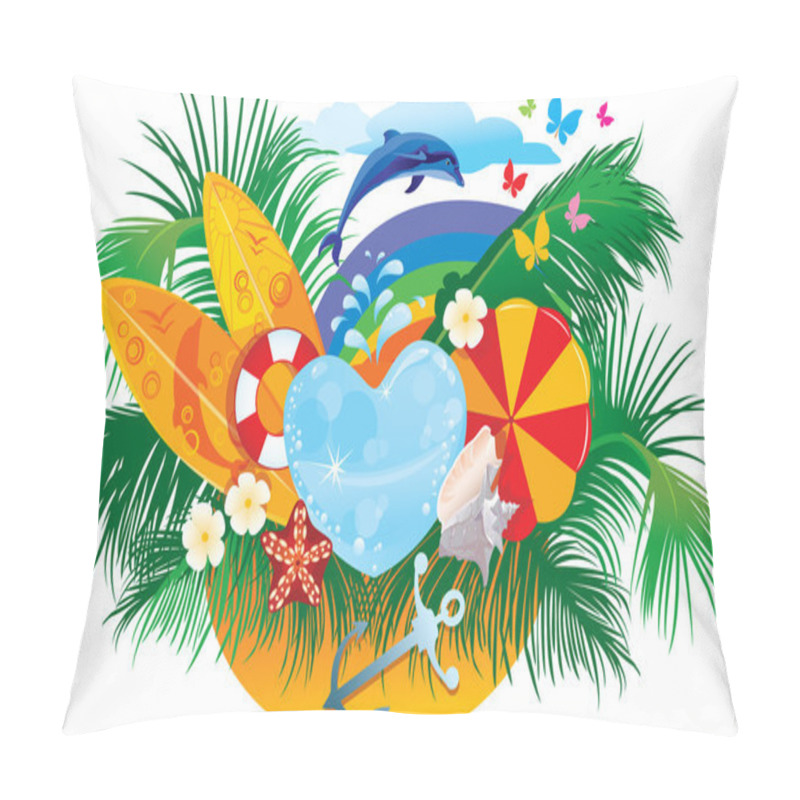 Personality  Summer Background With Palms, Shells, Surfboards, Rainbow And Dolphin Pillow Covers