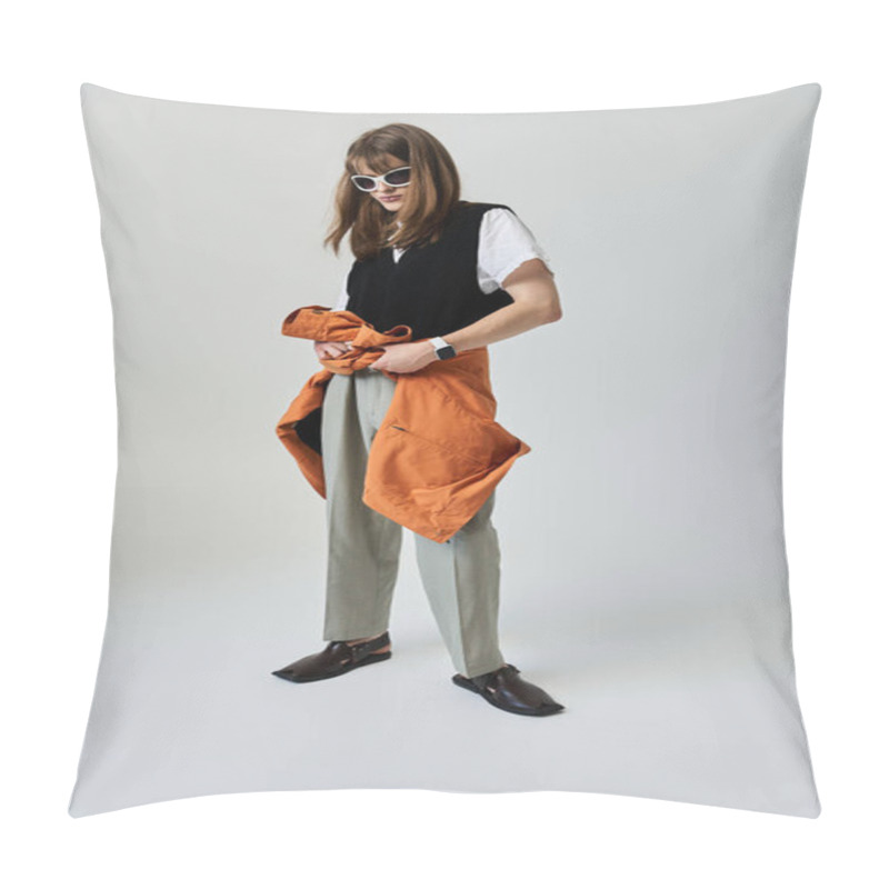 Personality  A Fashionable Young Man Poses Confidently In Stylish Attire, Preparing For An Engaging Photoshoot. Pillow Covers