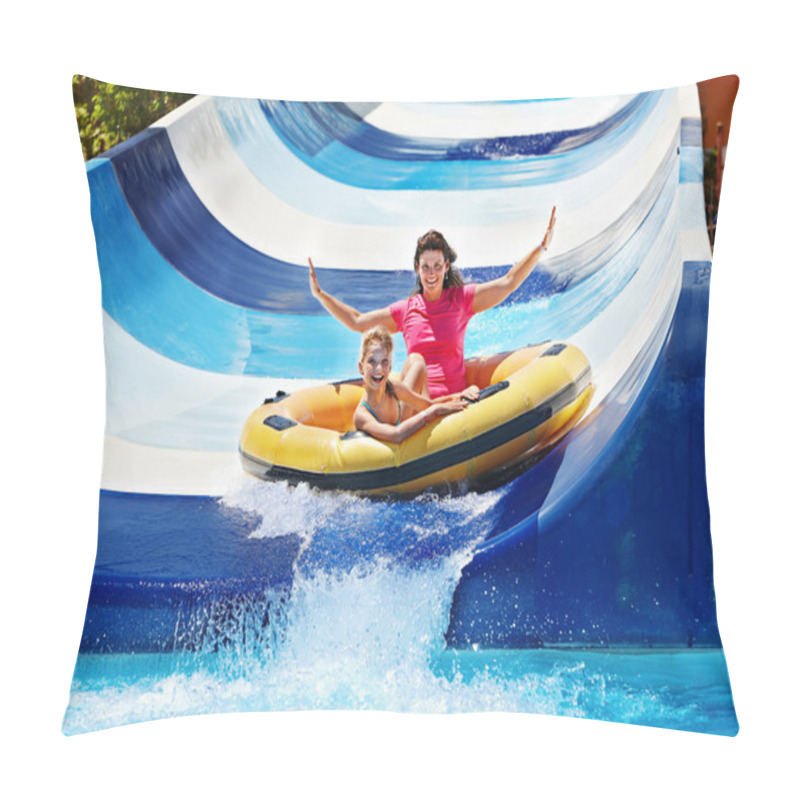 Personality  Child With Mother On Water Slide At Aquapark. Pillow Covers