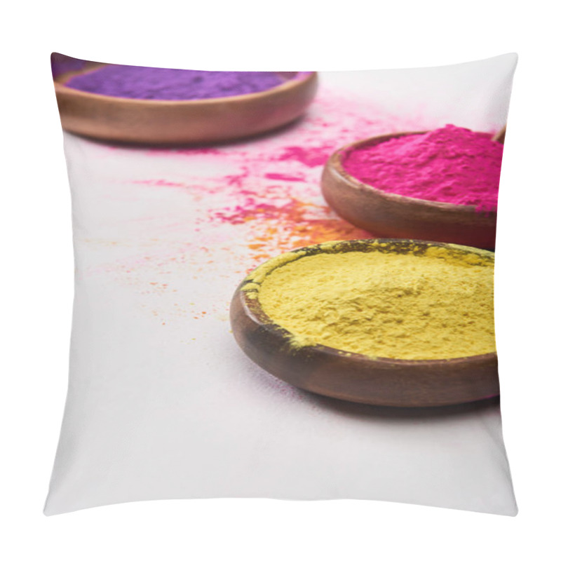 Personality  Wooden Bowls With Yellow, Pink And Purple Holi Powder On White Background Pillow Covers